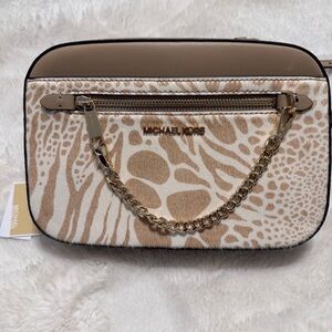 Michael Kors Animal Print Crossbody Bag in Camel Zip with real calf NWT